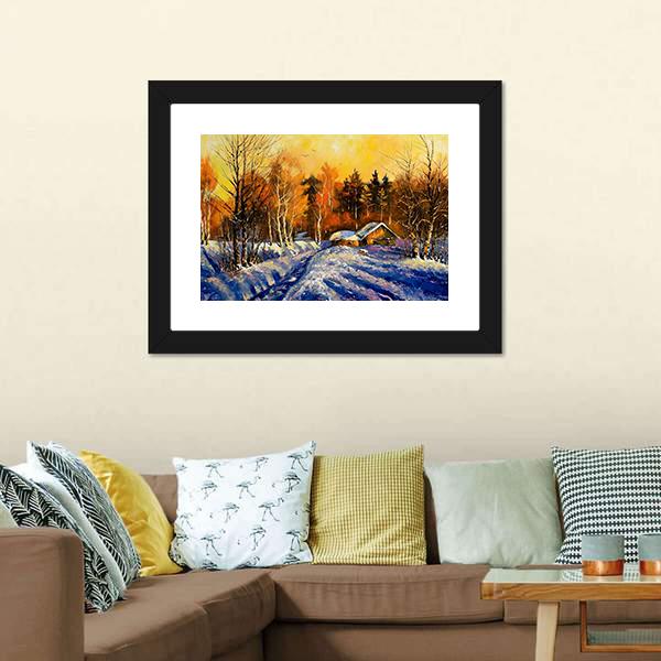 Evening In Winter Village Canvas Wall Art-1 Piece-Framed Print-20" x 16"-Tiaracle