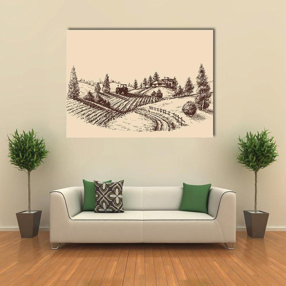 Farm Landscape Etch Canvas Wall Art-1 Piece-Gallery Wrap-48" x 32"-Tiaracle