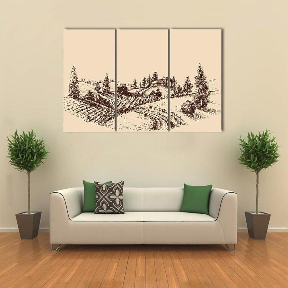 Farm Landscape Etch Canvas Wall Art-3 Horizontal-Gallery Wrap-37" x 24"-Tiaracle