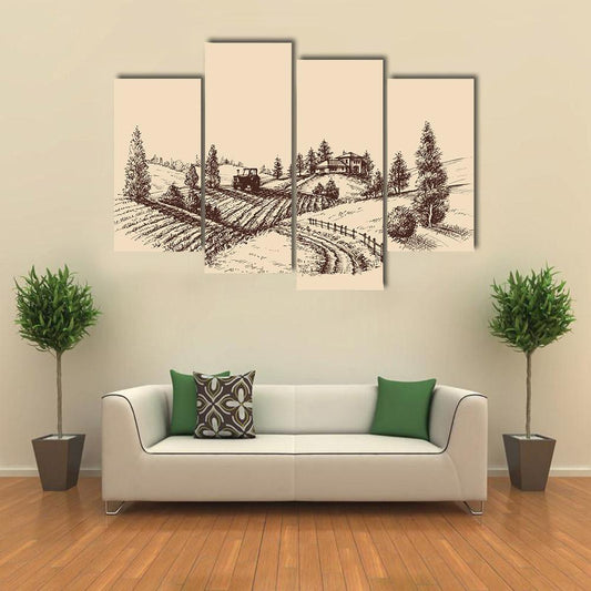 Farm Landscape Etch Canvas Wall Art-4 Pop-Gallery Wrap-50" x 32"-Tiaracle