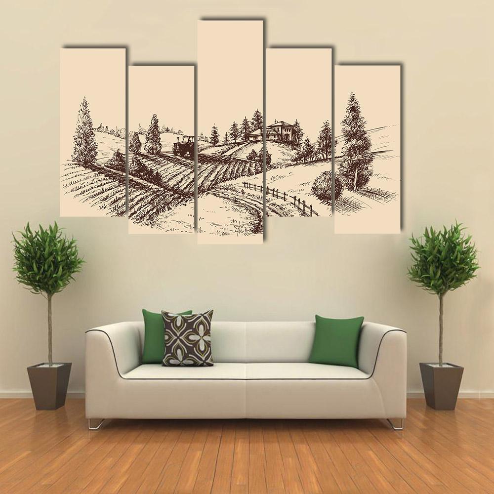 Farm Landscape Etch Canvas Wall Art-5 Pop-Gallery Wrap-47" x 32"-Tiaracle