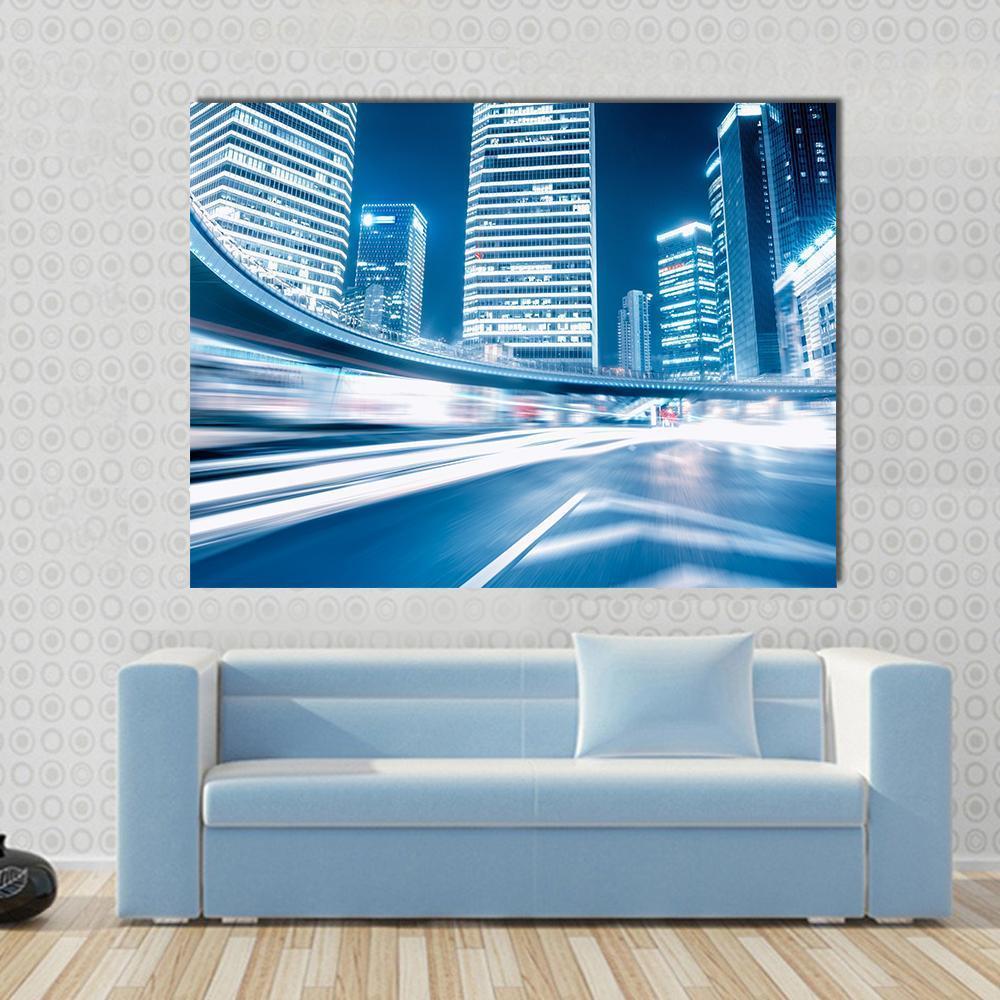 Fast Moving Cars At Night Canvas Wall Art-1 Piece-Gallery Wrap-48" x 32"-Tiaracle