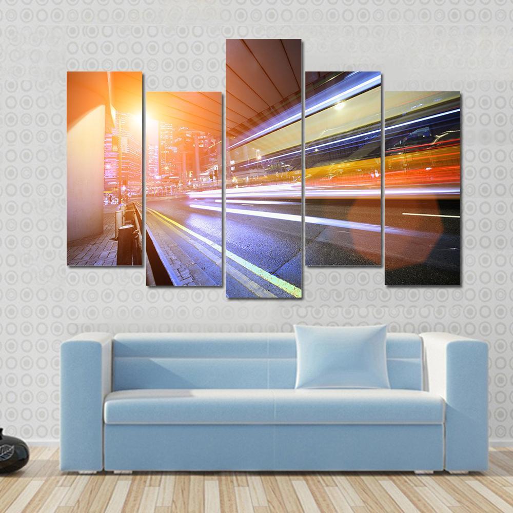 Fast Moving Train At Night Canvas Wall Art-5 Pop-Gallery Wrap-47" x 32"-Tiaracle