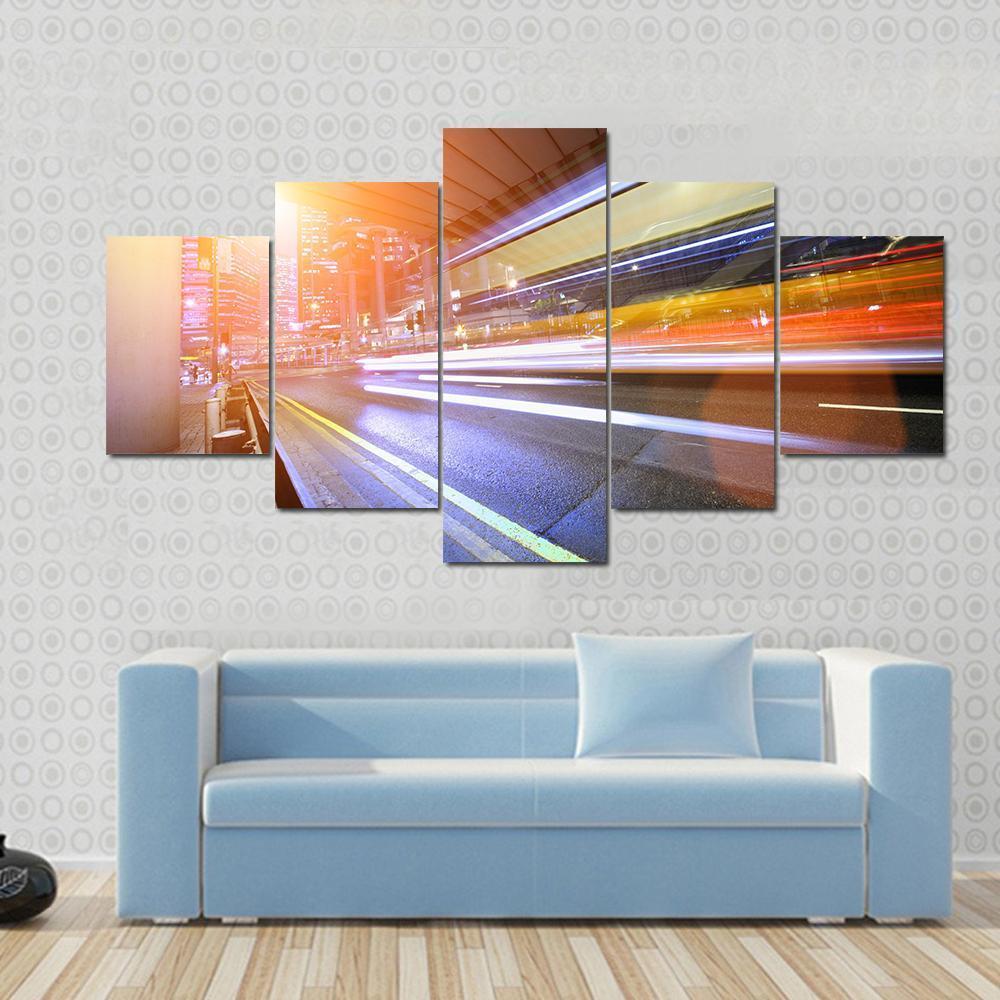 Fast Moving Train At Night Canvas Wall Art-5 Star-Gallery Wrap-62" x 32"-Tiaracle