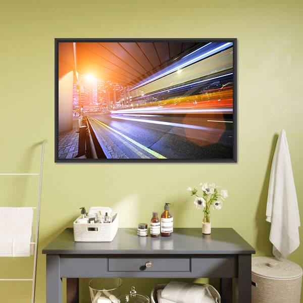 Fast Moving Train At Night Canvas Wall Art-1 Piece-Floating Frame-24" x 16"-Tiaracle