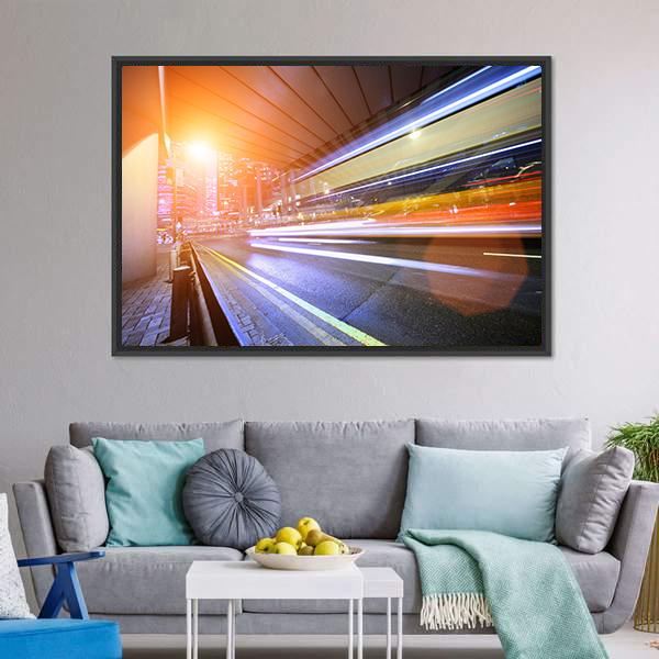 Fast Moving Train At Night Canvas Wall Art-3 Horizontal-Gallery Wrap-25" x 16"-Tiaracle