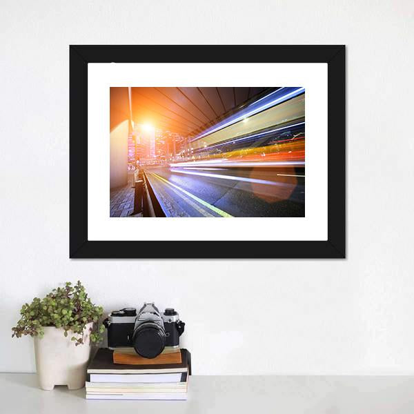 Fast Moving Train At Night Canvas Wall Art-1 Piece-Framed Print-20" x 16"-Tiaracle