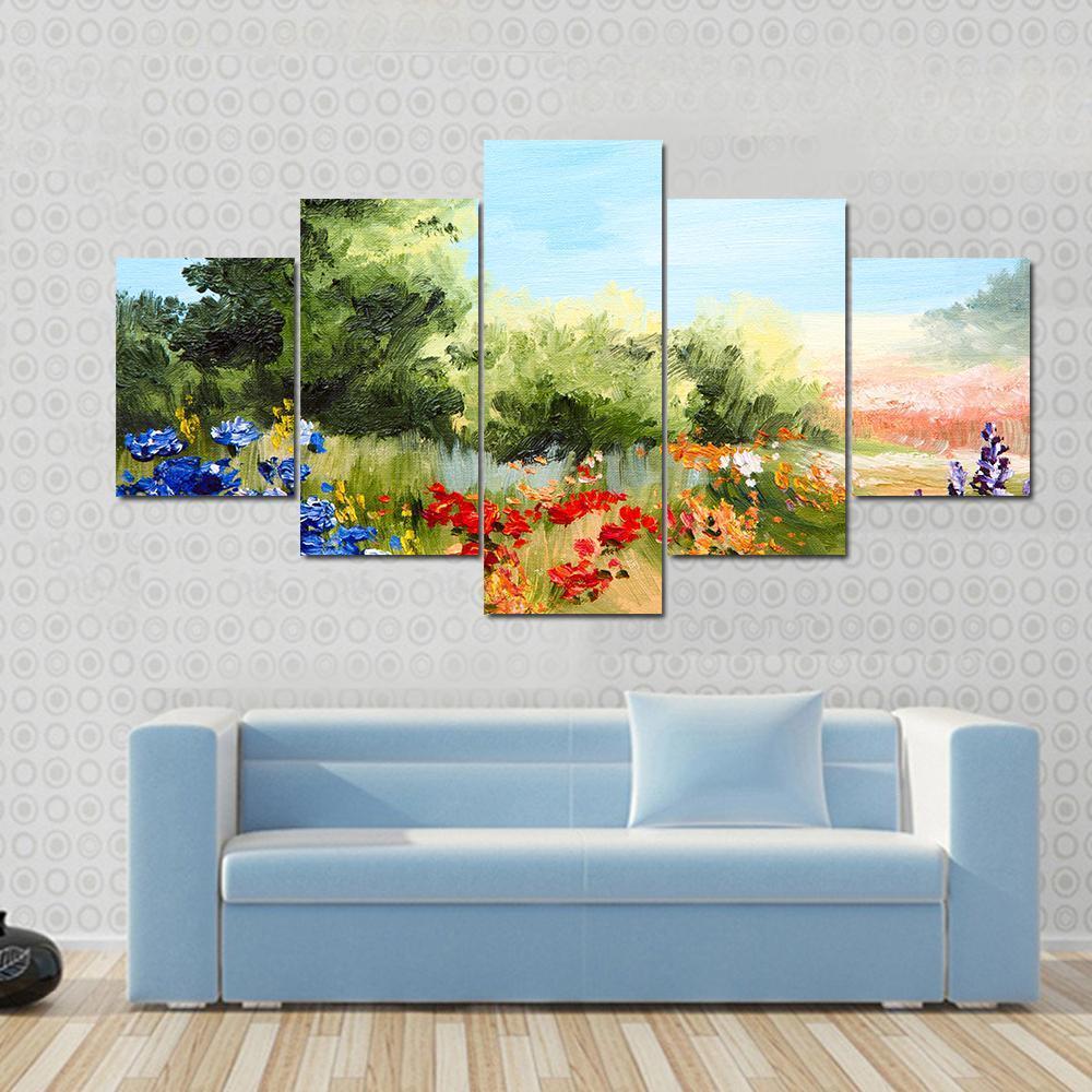 Field Of Flowers Abstract Canvas Wall Art-5 Star-Gallery Wrap-62" x 32"-Tiaracle