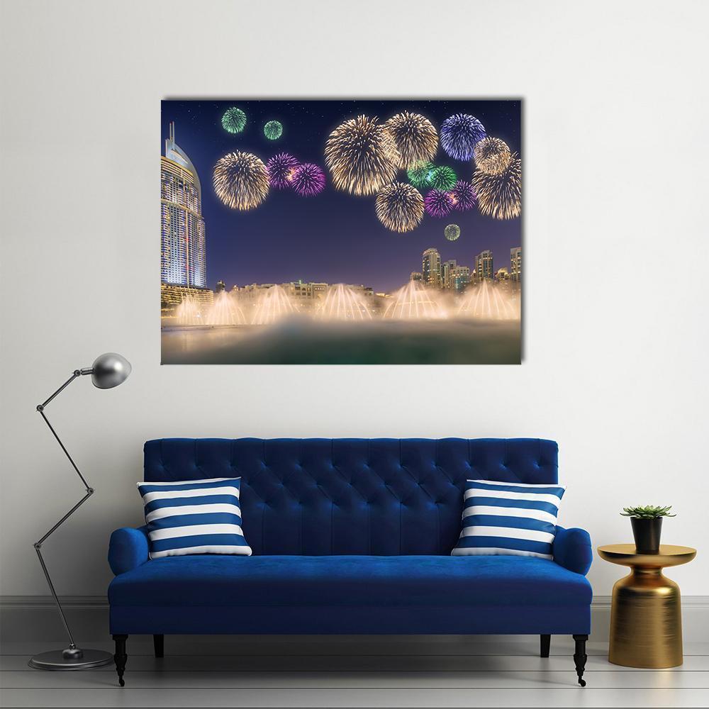 Fireworks Above Dancing Fountain Canvas Wall Art-1 Piece-Gallery Wrap-48" x 32"-Tiaracle