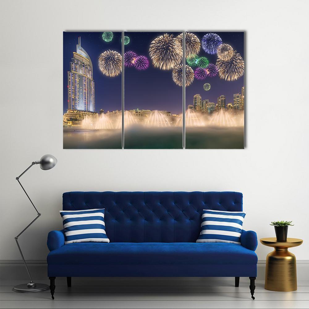 Fireworks Above Dancing Fountain Canvas Wall Art-3 Horizontal-Gallery Wrap-37" x 24"-Tiaracle