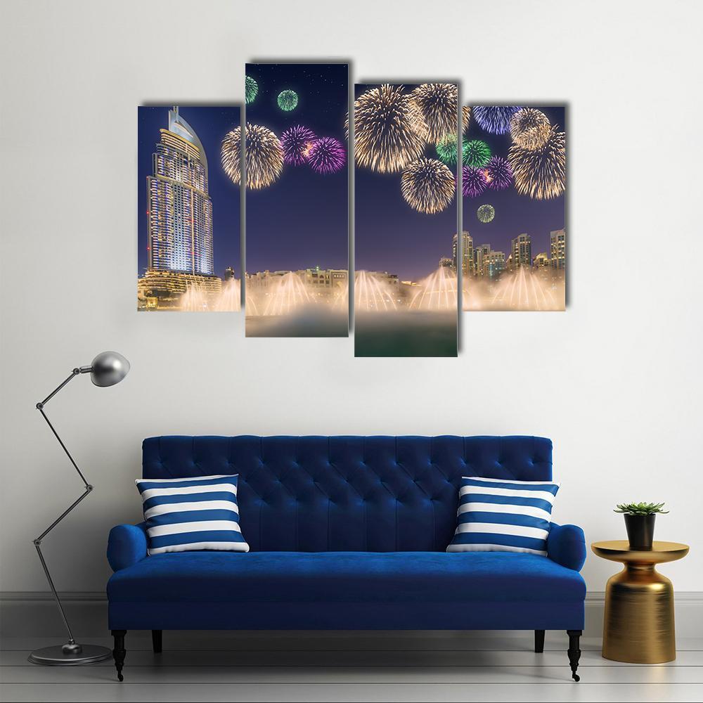 Fireworks Above Dancing Fountain Canvas Wall Art-4 Pop-Gallery Wrap-50" x 32"-Tiaracle