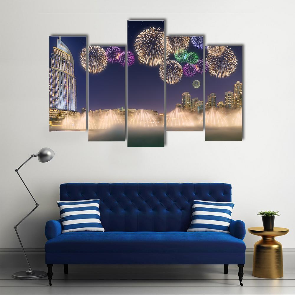 Fireworks Above Dancing Fountain Canvas Wall Art-5 Pop-Gallery Wrap-47" x 32"-Tiaracle