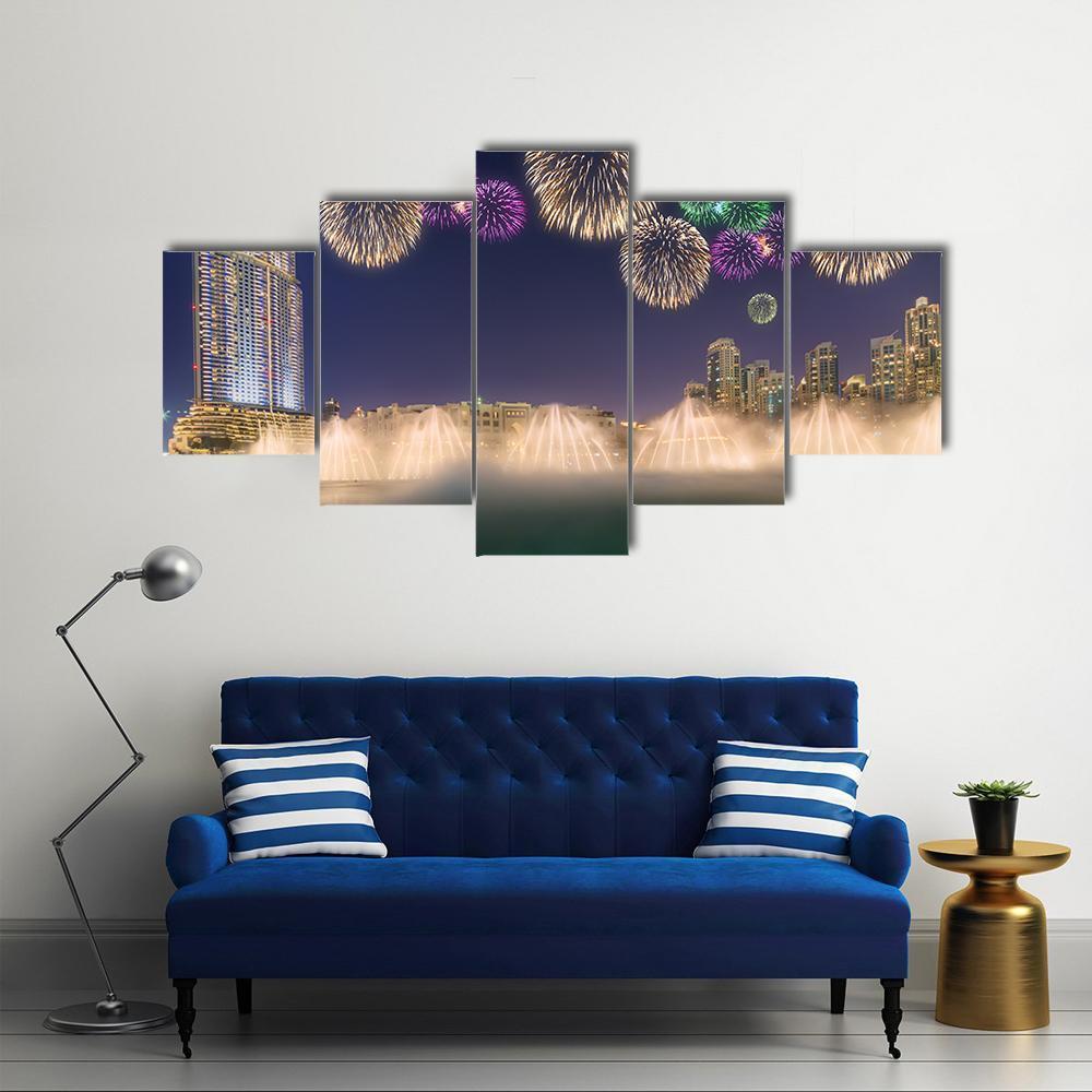 Fireworks Above Dancing Fountain Canvas Wall Art-5 Star-Gallery Wrap-62" x 32"-Tiaracle