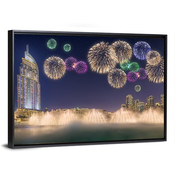 Fireworks Above Dancing Fountain Canvas Wall Art-3 Horizontal-Gallery Wrap-25" x 16"-Tiaracle