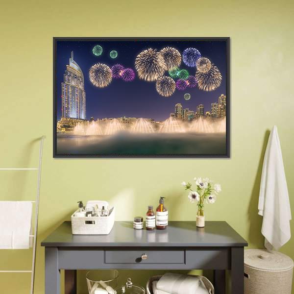 Fireworks Above Dancing Fountain Canvas Wall Art-1 Piece-Floating Frame-24" x 16"-Tiaracle