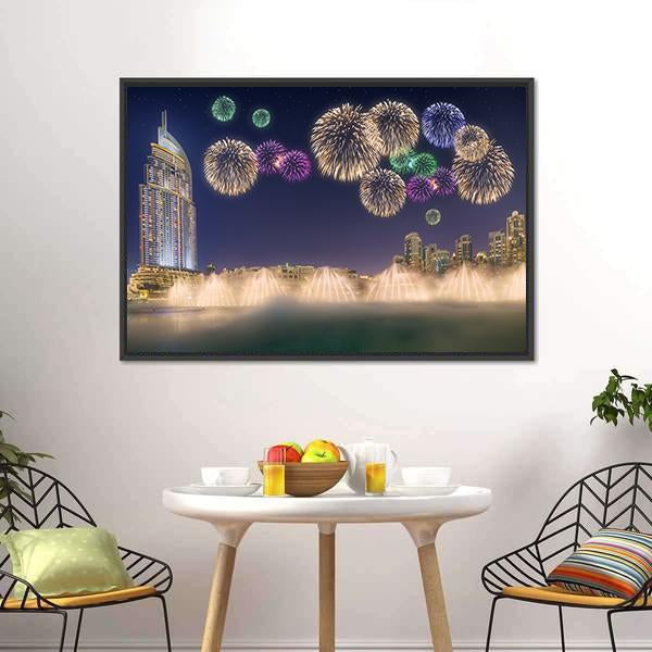 Fireworks Above Dancing Fountain Canvas Wall Art-3 Horizontal-Gallery Wrap-25" x 16"-Tiaracle