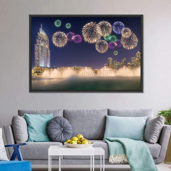 Fireworks Above Dancing Fountain Canvas Wall Art-3 Horizontal-Gallery Wrap-25" x 16"-Tiaracle