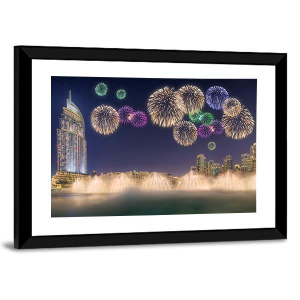 Fireworks Above Dancing Fountain Canvas Wall Art-3 Horizontal-Gallery Wrap-25" x 16"-Tiaracle