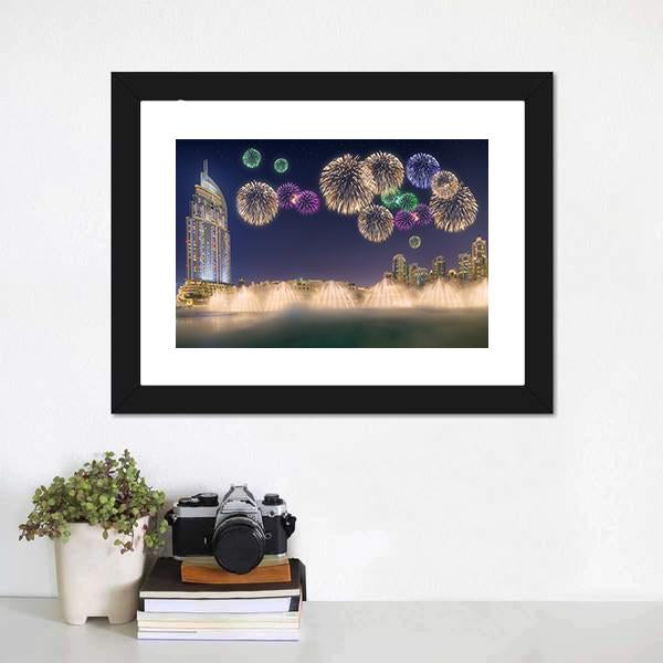 Fireworks Above Dancing Fountain Canvas Wall Art-1 Piece-Framed Print-20" x 16"-Tiaracle