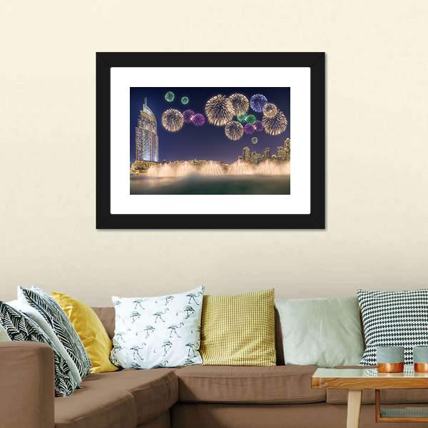 Fireworks Above Dancing Fountain Canvas Wall Art-3 Horizontal-Gallery Wrap-25" x 16"-Tiaracle