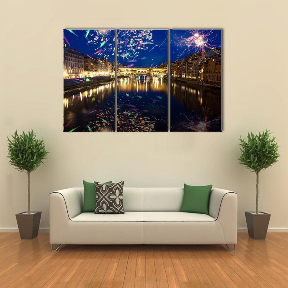 Fireworks On River Arno Canvas Wall Art-3 Horizontal-Gallery Wrap-37" x 24"-Tiaracle