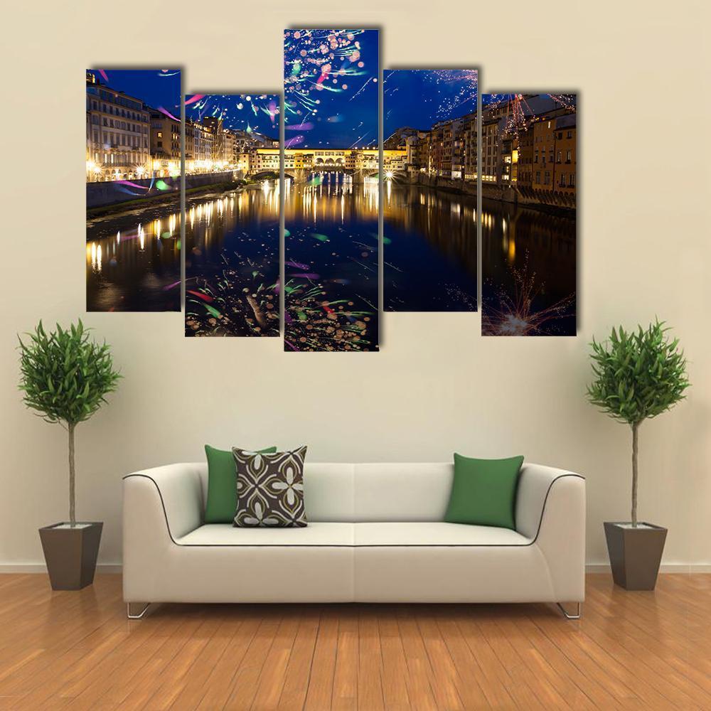 Fireworks On River Arno Canvas Wall Art-5 Pop-Gallery Wrap-47" x 32"-Tiaracle
