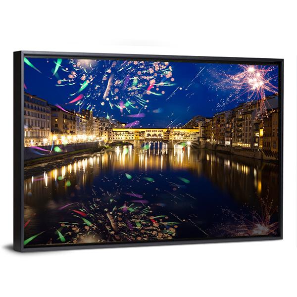 Fireworks On River Arno Canvas Wall Art-3 Horizontal-Gallery Wrap-25" x 16"-Tiaracle