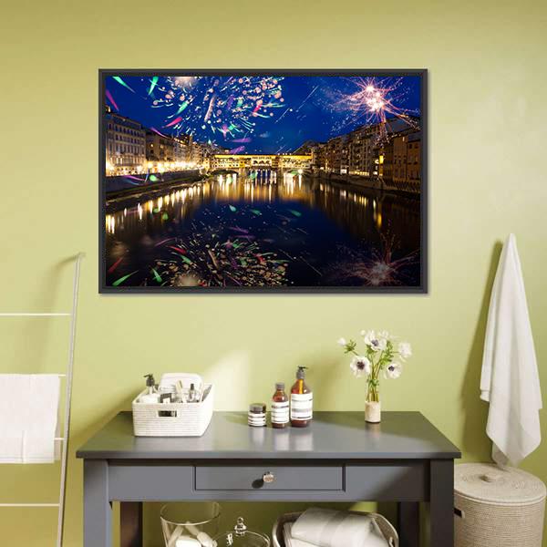 Fireworks On River Arno Canvas Wall Art-1 Piece-Floating Frame-24" x 16"-Tiaracle