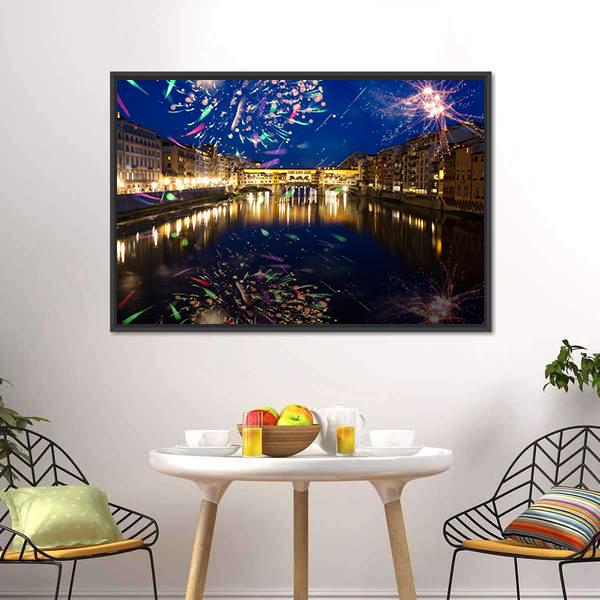 Fireworks On River Arno Canvas Wall Art-3 Horizontal-Gallery Wrap-25" x 16"-Tiaracle