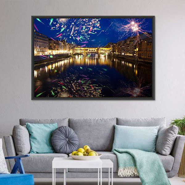 Fireworks On River Arno Canvas Wall Art-3 Horizontal-Gallery Wrap-25" x 16"-Tiaracle