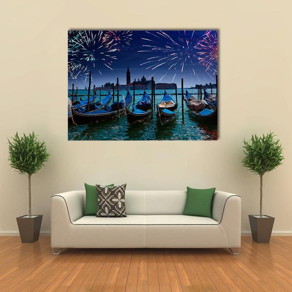 Fireworks Over Canal Canvas Wall Art-1 Piece-Gallery Wrap-48" x 32"-Tiaracle