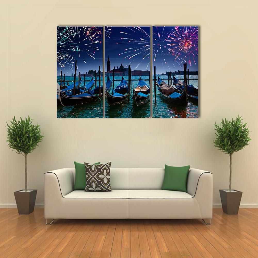 Fireworks Over Canal Canvas Wall Art-3 Horizontal-Gallery Wrap-37" x 24"-Tiaracle