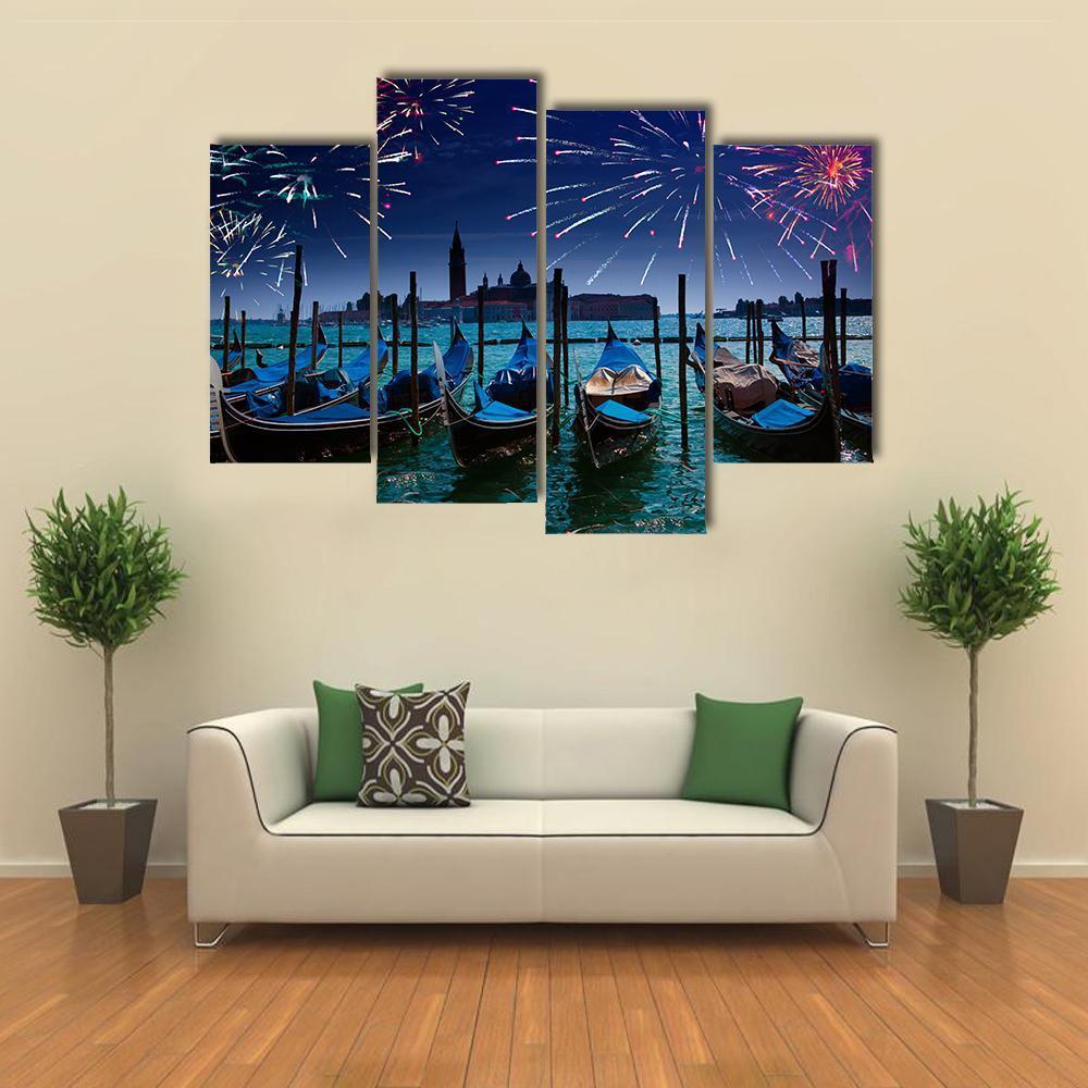 Fireworks Over Canal Canvas Wall Art-4 Pop-Gallery Wrap-50" x 32"-Tiaracle