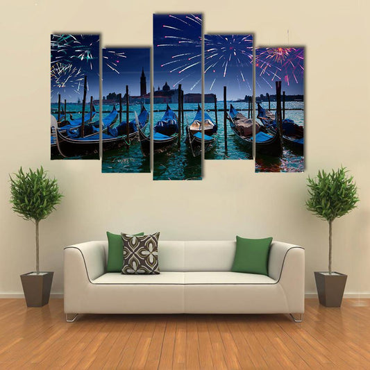 Fireworks Over Canal Canvas Wall Art-5 Pop-Gallery Wrap-47" x 32"-Tiaracle