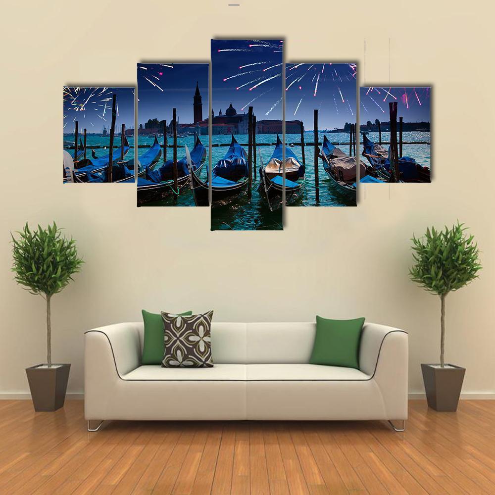 Fireworks Over Canal Canvas Wall Art-5 Star-Gallery Wrap-62" x 32"-Tiaracle