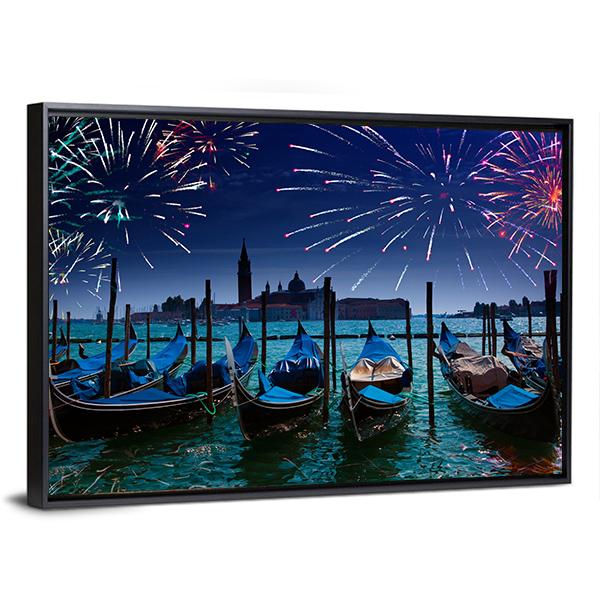 Fireworks Over Canal Canvas Wall Art-3 Horizontal-Gallery Wrap-25" x 16"-Tiaracle