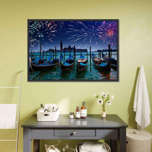 Fireworks Over Canal Canvas Wall Art-1 Piece-Floating Frame-24" x 16"-Tiaracle