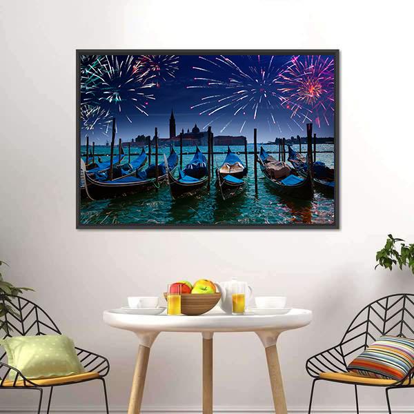 Fireworks Over Canal Canvas Wall Art-3 Horizontal-Gallery Wrap-25" x 16"-Tiaracle