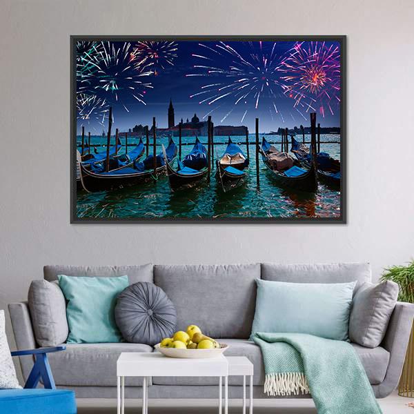 Fireworks Over Canal Canvas Wall Art-3 Horizontal-Gallery Wrap-25" x 16"-Tiaracle