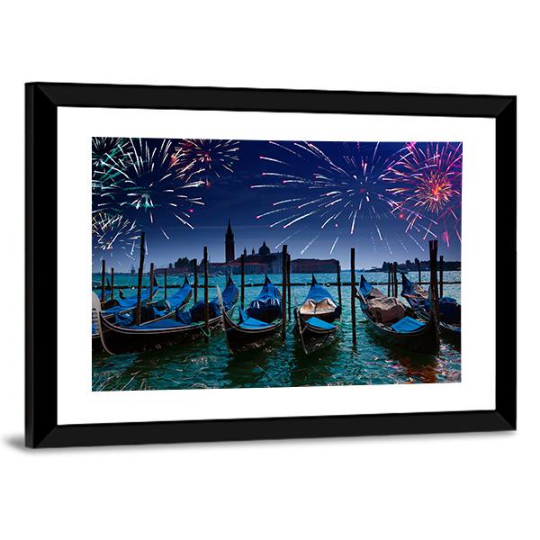 Fireworks Over Canal Canvas Wall Art-3 Horizontal-Gallery Wrap-25" x 16"-Tiaracle