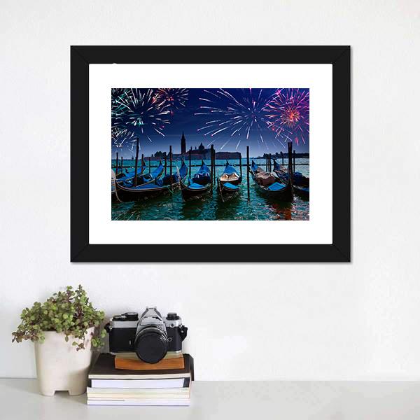 Fireworks Over Canal Canvas Wall Art-1 Piece-Framed Print-20" x 16"-Tiaracle