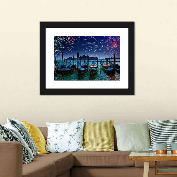 Fireworks Over Canal Canvas Wall Art-3 Horizontal-Gallery Wrap-25" x 16"-Tiaracle