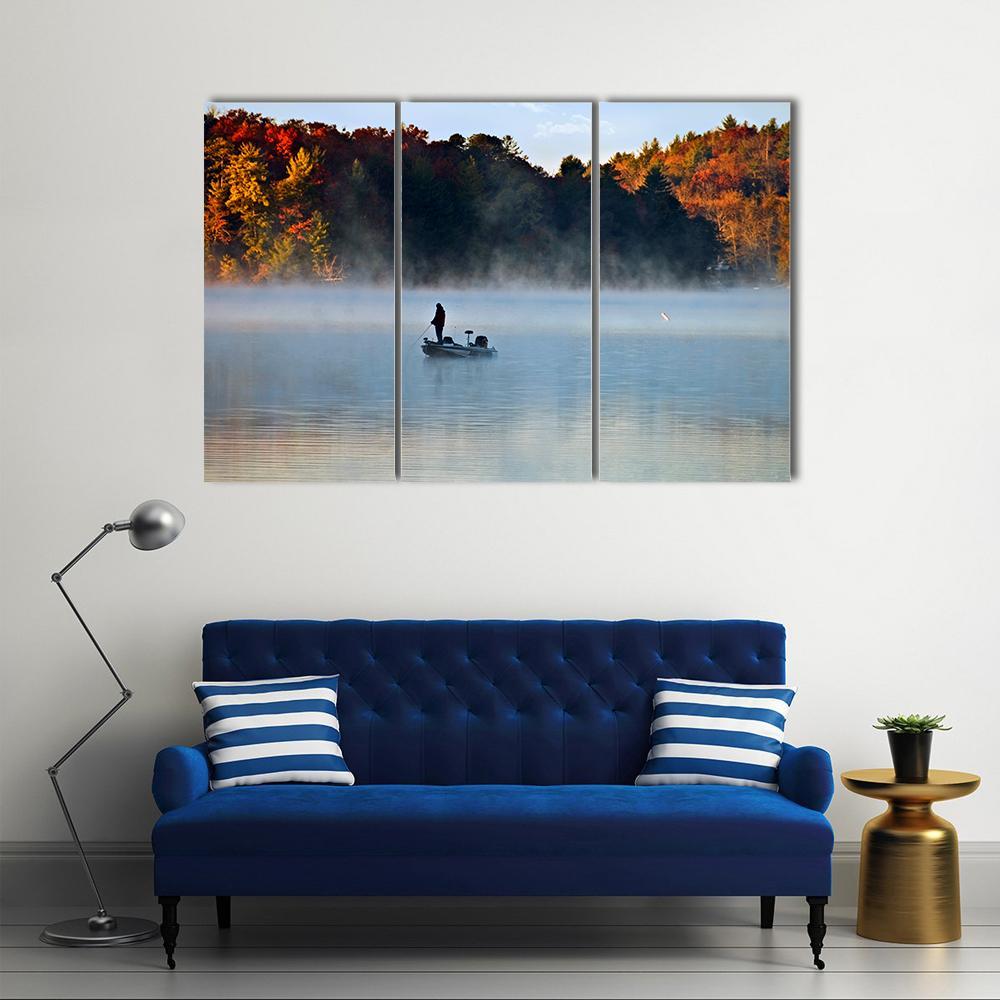 Fisherman In Foggy Morning Canvas Wall Art-3 Horizontal-Gallery Wrap-37" x 24"-Tiaracle