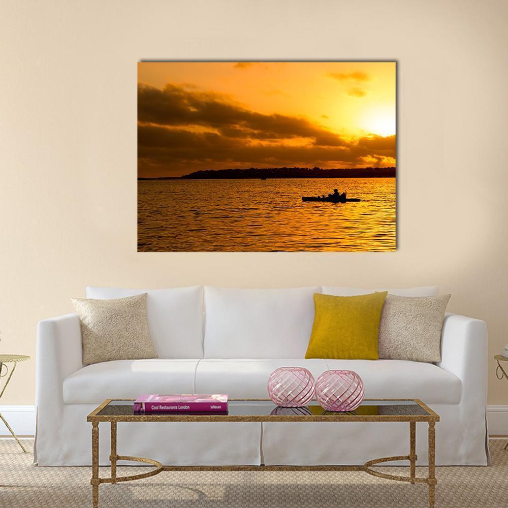 Fisherman Silhouette Canvas Wall Art-1 Piece-Gallery Wrap-48" x 32"-Tiaracle