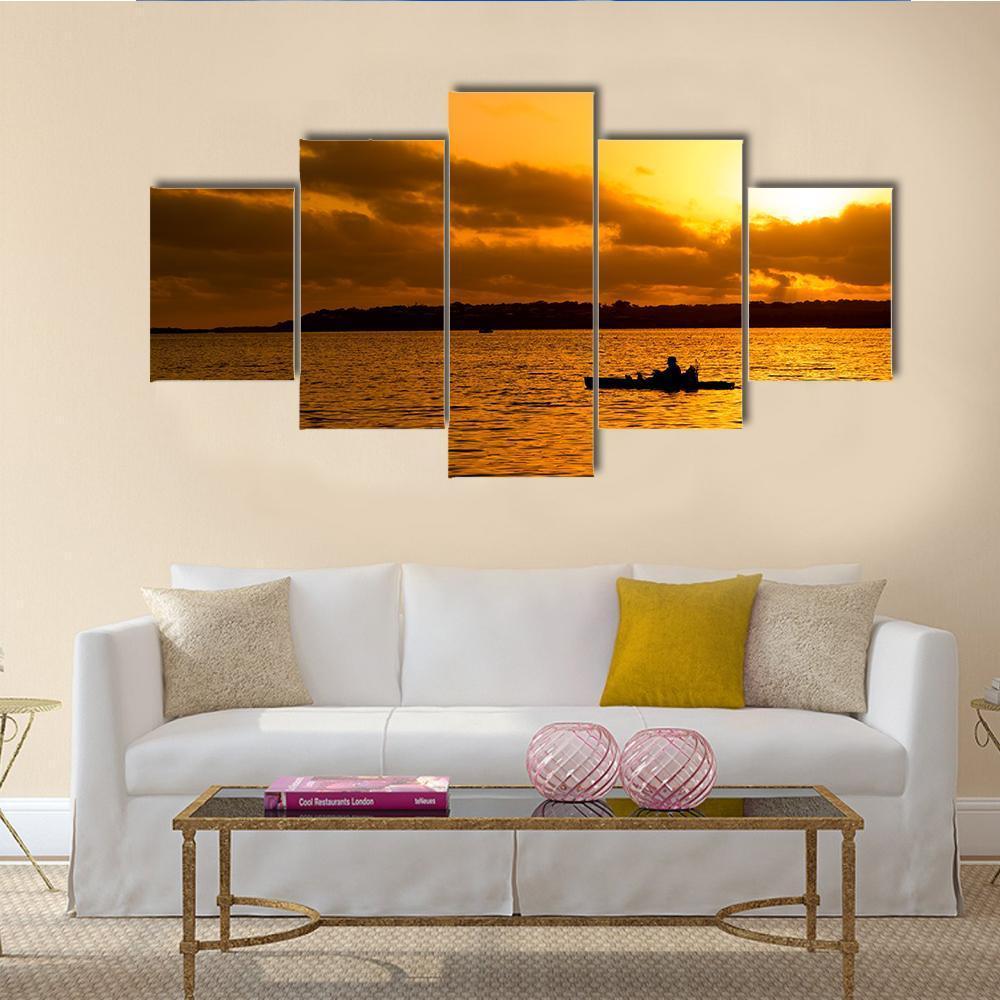 Fisherman Silhouette Canvas Wall Art-5 Star-Gallery Wrap-62" x 32"-Tiaracle