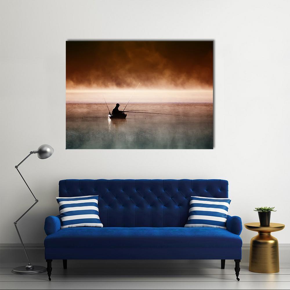 Fisherman Sits In Boat Canvas Wall Art-1 Piece-Gallery Wrap-48" x 32"-Tiaracle