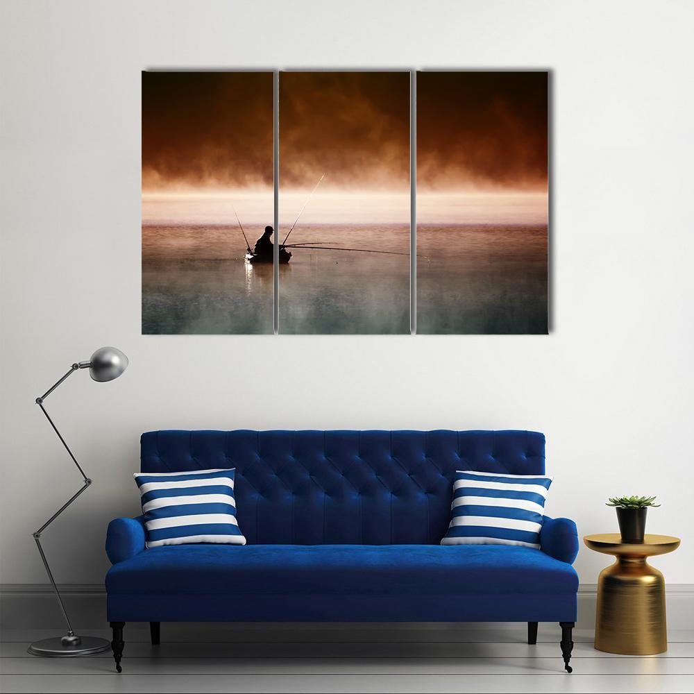 Fisherman Sits In Boat Canvas Wall Art-3 Horizontal-Gallery Wrap-37" x 24"-Tiaracle