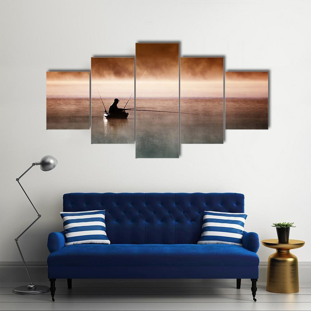 Fisherman Sits In Boat Canvas Wall Art-5 Star-Gallery Wrap-62" x 32"-Tiaracle