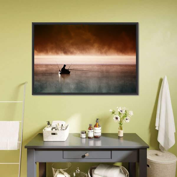 Fisherman Sits In Boat Canvas Wall Art-1 Piece-Floating Frame-24" x 16"-Tiaracle