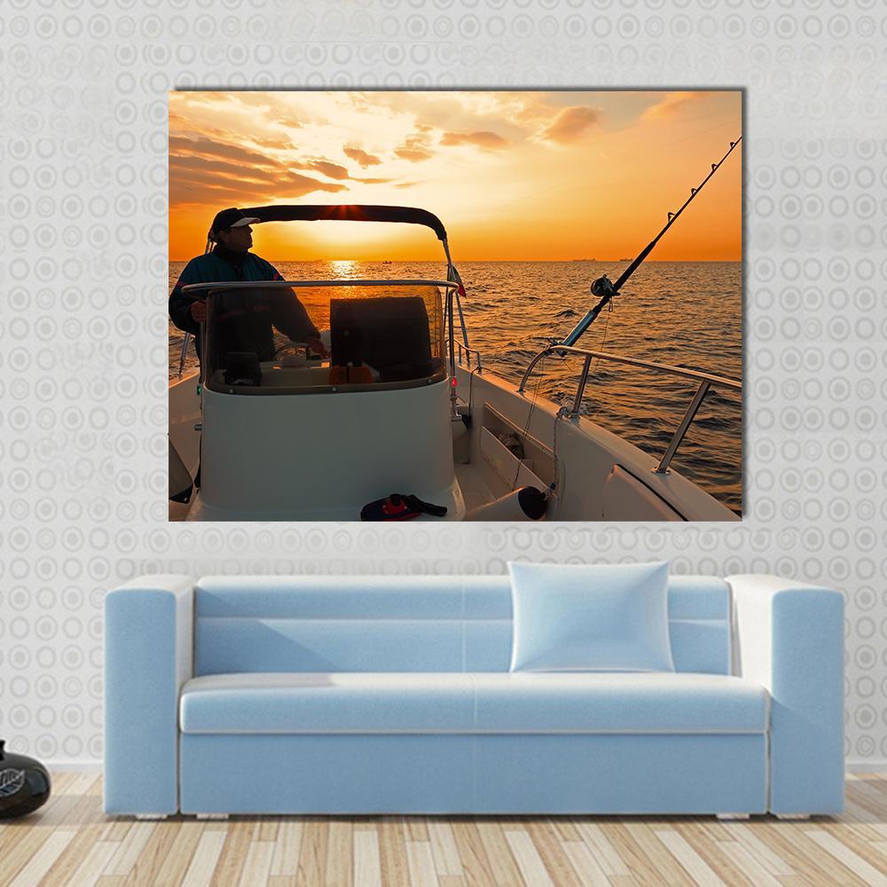 Fisherman With Boat In Ocean Canvas Wall Art-1 Piece-Gallery Wrap-48" x 32"-Tiaracle